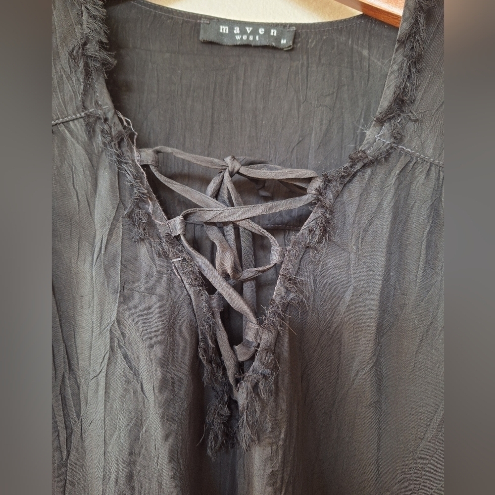 Maven West Revolve Womens Black Lace Up Fringe Trim Blouse Size M - Picture 3 of 8